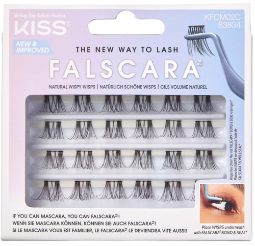 Falsch Wimpern in einer Dose, verschiedene Längen, mit Augen- und Wimpernsymbole auf Verpackung, pink und lila Hintergrund.