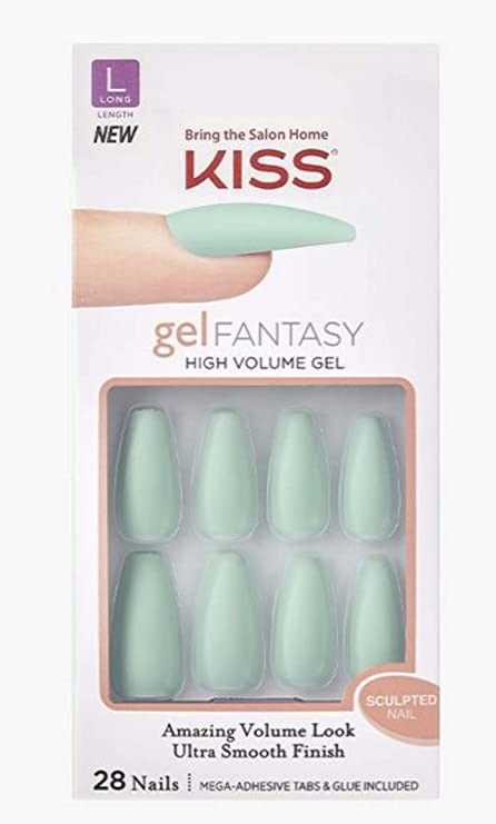 Nail tips in a box, long, mint green color, with some showing a curved, natural shape.
