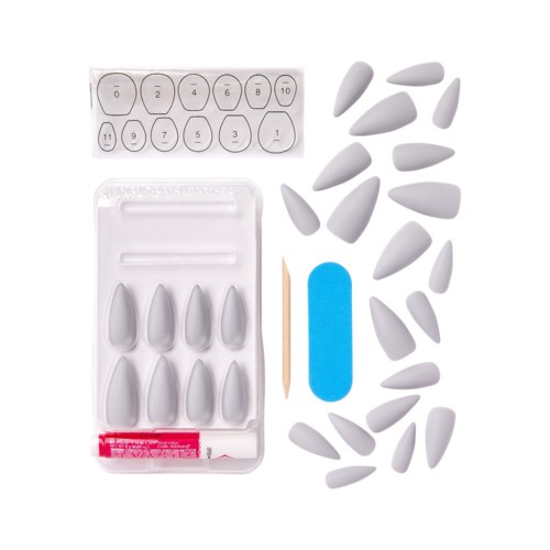 Artificial nail kit with tips, stickers, a file, and numbered dots for nail application.