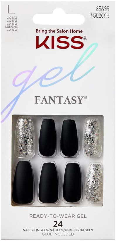 Press-on nail gel kit with clear and black nails, packed in a white box. Contains 24 nails, ready to wear.