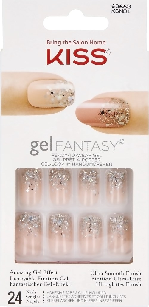 A nail gel product packaging with two sample nails showing glittery designs, labeled 'KISS' and 'gel FANTASY', 24 nails included.