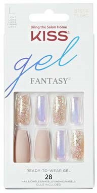 A box of 12 gel nail polish bottles, some with glitter and holographic colors, labeled "KISS gel FANTASY".