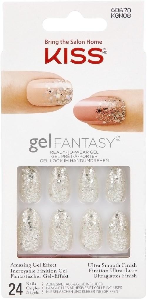 Nagellackgelé falska naglar med silverglitter, 24 stycken, i förpackning märkt KISS Gel Fantasy med logga och bilder.