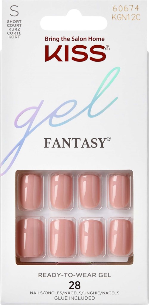 Nail gel package with 28 peach-colored nails and simple text on the label.