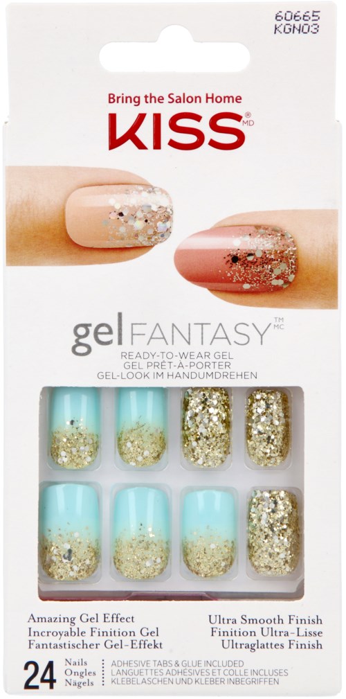Nagellacksdekaler med glitter, blå basfärg och guldglitterdetaljer, 24 set i förpackningen.