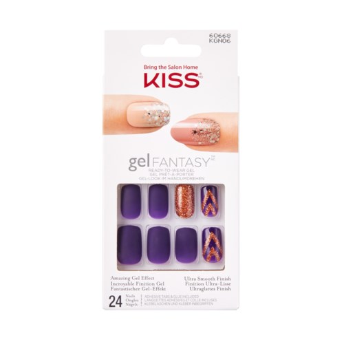 Ett paket med lila och glitter nagelgelsticker med olika mönster, för nagelpynt.