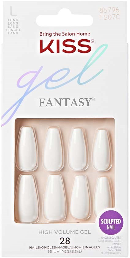Packaging for nail gel with white fake nails and purple and red text, including product details and brand name.
