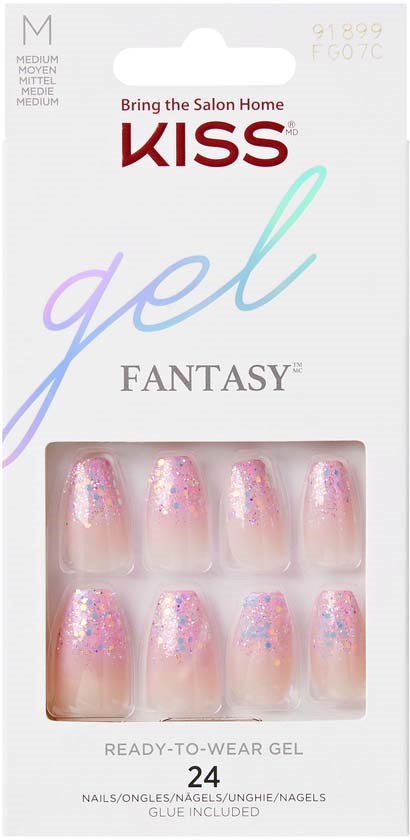 Box of nail gel with pink and purple glitter, labeled 'KISS gel FANTASY', size medium, 24 nails included.