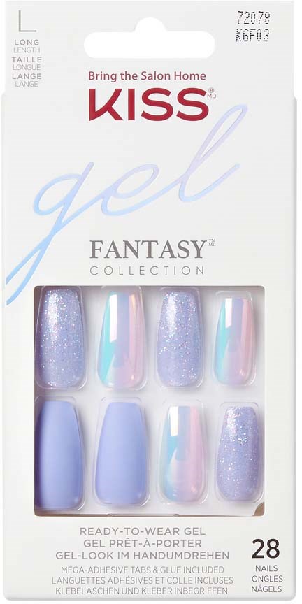 De afbeelding toont een doos met gelnagels met 10 flessen, vooral in lichtpaars en blauw, met glitter en glans.