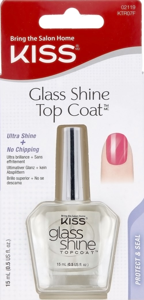 A bottle of KISS Glass Shine Top Coat nail polish, pink nail, and brand details on packaging.