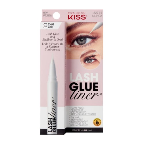 Wimpernkleber in pink-weißer Verpackung mit Auge und langen Wimpern. Enthält kleine Illustration des Klebestifts.