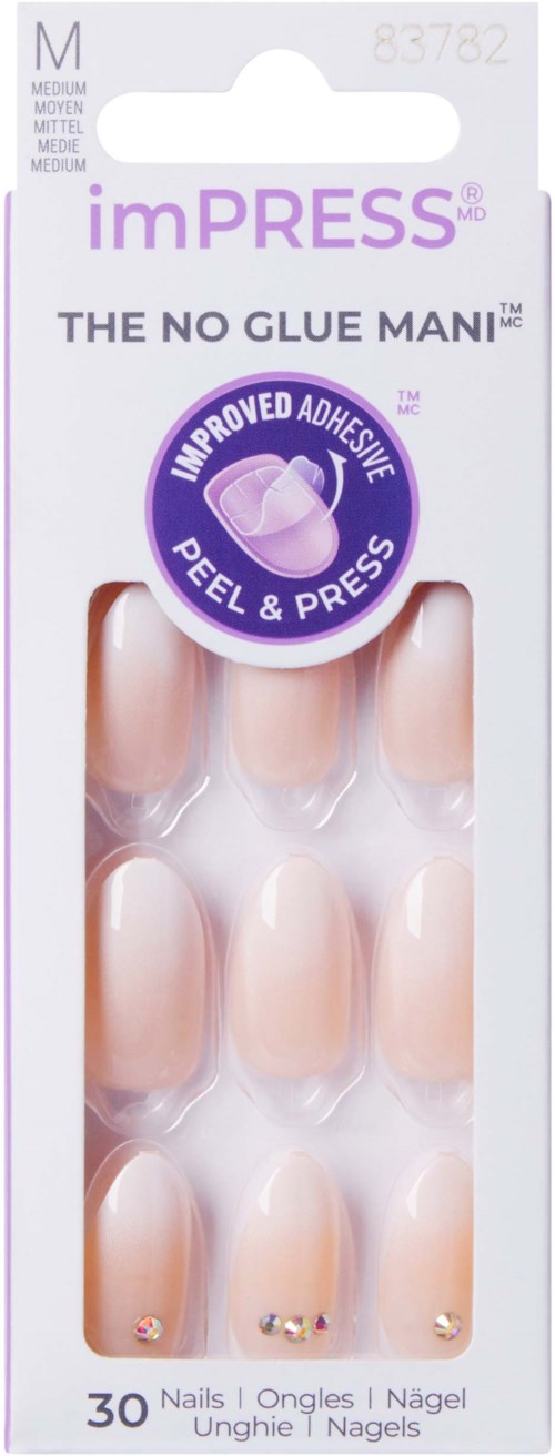 En förpackning med 30 självhäftande konstnaglar med dekorationer, märkt 'imPRESS' och 'The No Glue Mani'.