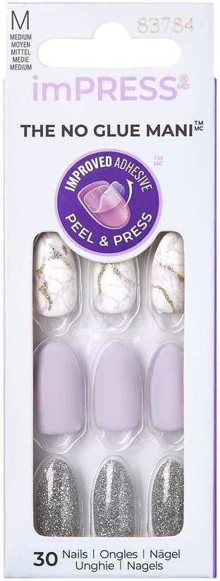 A box of 30 press-on nails, white and silver, with decorative designs, no glue needed, easy to peel and press.