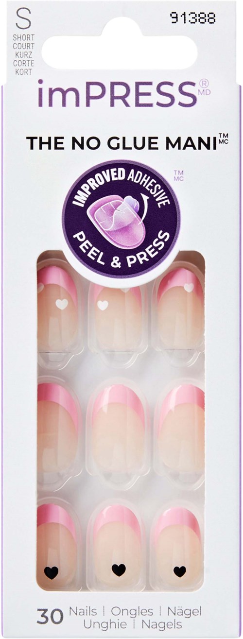 Pack of 30 false nails with pink tips and heart designs, no glue needed, peel and press, easy to use.