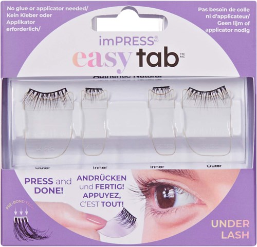 Die Packung enthält falsche Wimpern in zwei Größen, kein Kleber erforderlich, mit Anweisungen für einfache Anwendung.