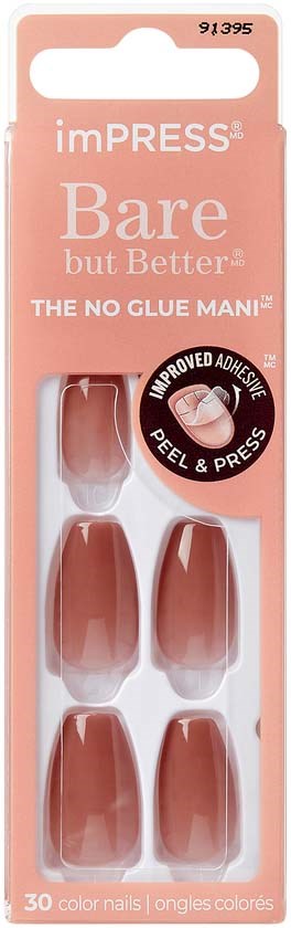 Nail tips package with 30 nude-colored tips, labeled 'Bare but Better,' with peel and press feature.