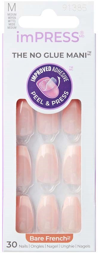 A package of 30 no-glue, peel-and-press false nails in a light pink color.