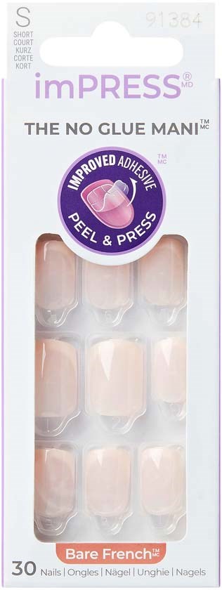 Clear nail tips with no glue needed, easy to press and apply, packaged in a box labeled 'Bare French.'