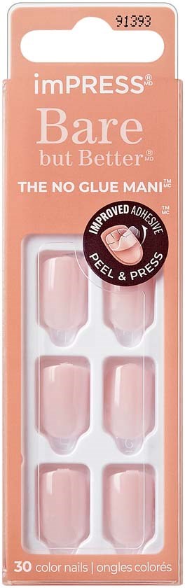 A package of 30 light pink, no-glue nails for manicures, easy to peel and press, from imPRESS brand.