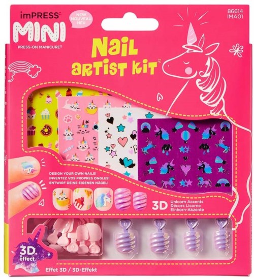 Colorful nail art kit with unicorn, heart, and animal designs, includes 3D effect nail decorations and polish.