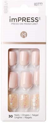 A transparent package showing six false nails, some plain and some decorated with glitter, labeled 'imPRESS'.