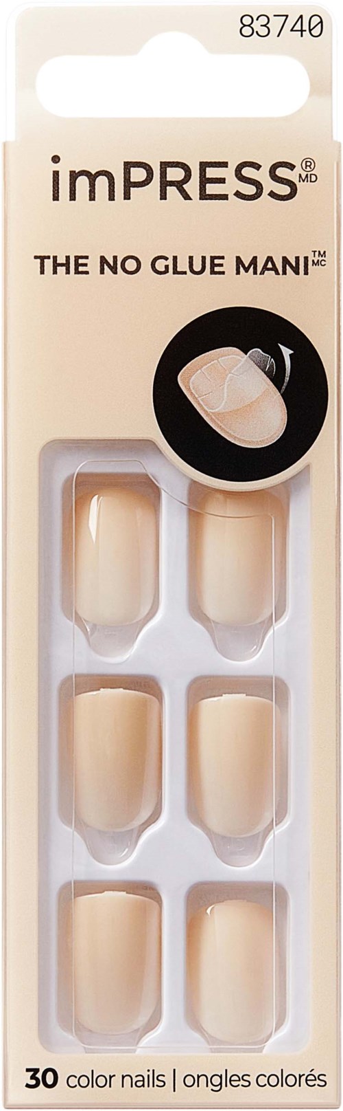 Ein Paket enthält 30 beige Press-On-Nägel mit der Aufschrift 'imPRESS' und dem Slogan 'The No Glue Mani'.
