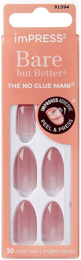 Pink nail tips package with 30 color nails, label says 'imPRESS' and 'Bare but Better,' no glue needed.