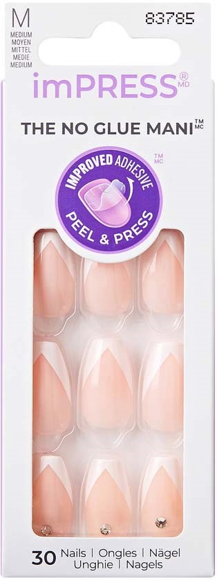A box of 30 fake nails, peach-colored, with no glue needed, easy to peel and press on. Contains medium-sized nails.