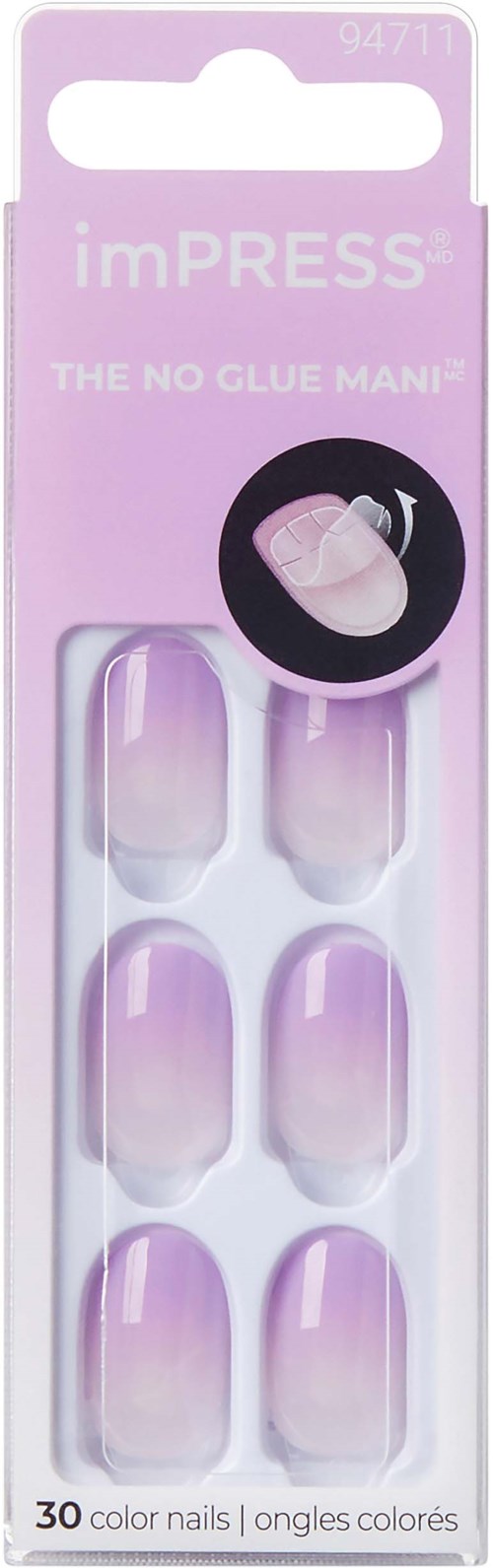 A package of 30 no-glue press-on nails in purple color, with six nails visible through a transparent window.
