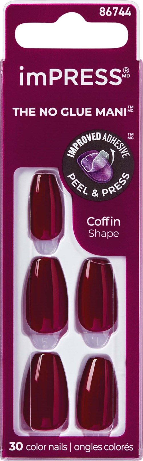 Package of 30 coffin shape false nails in maroon color, with no glue needed, peel and press for easy application.