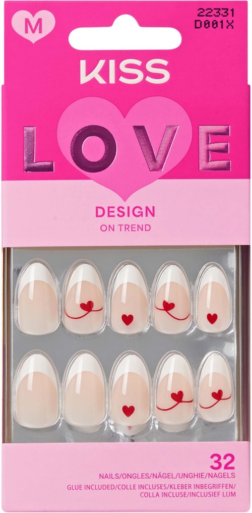 Pack of fake nails with red heart and arrow designs, pink packaging labeled 'KISS LOVE'.