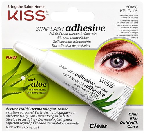 Klebestreifen für Fake-Wimpern mit Aloe, kleines Röhrchen, Augensymbol, klare Verpackung, Markendetails.