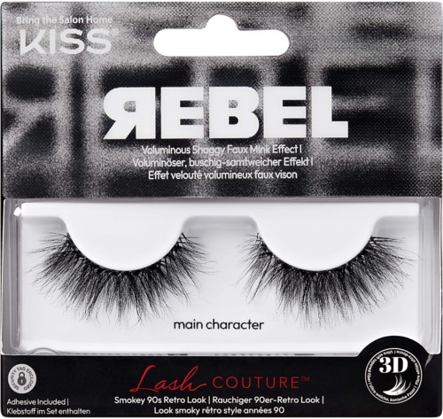 Säkkelinen tekoripsille nimeltä 'Rebel' paksut, pitkät ripset ja kuvailu smoky eye -efektistä.