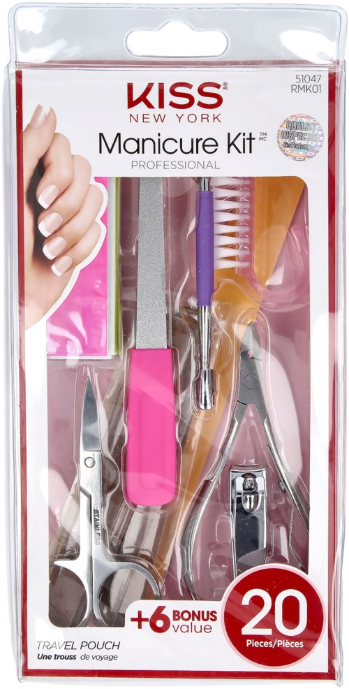A manicure kit with various tools, including scissors, clippers, brushes, and a pink nail file, in a clear plastic case.