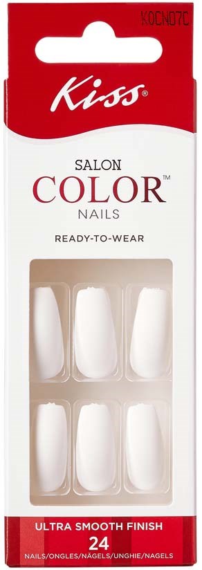 A box of 24 white artificial nails for manicure with red and white packaging, labeled 'Kiss Salon Color Nails.'