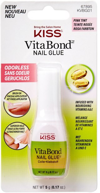 A nail glue product package with a white and green bottle, highlighted by red and pink text and details.