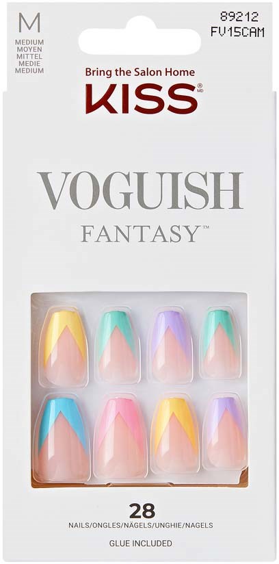 Nagelspitzen in Pastell- und Helligkeitsfarben in einer Verpackung. Verpackung ist hauptsächlich weiß mit Marken- und Produktinformationen.