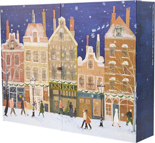 Färgglad illustration av en snöig stadsgata med byggnader, träd och fotgängare under en natt himmel.