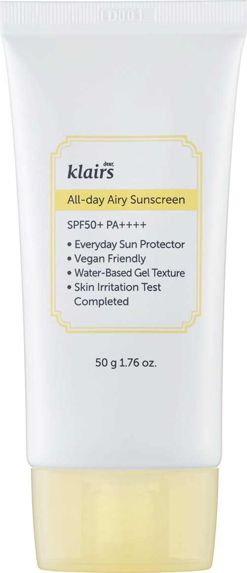 Witte tube van Klairs All-day Airy Sunscreen met gele label, SPF50+ PA++++, 50g, functies en voordelen opgesomd.