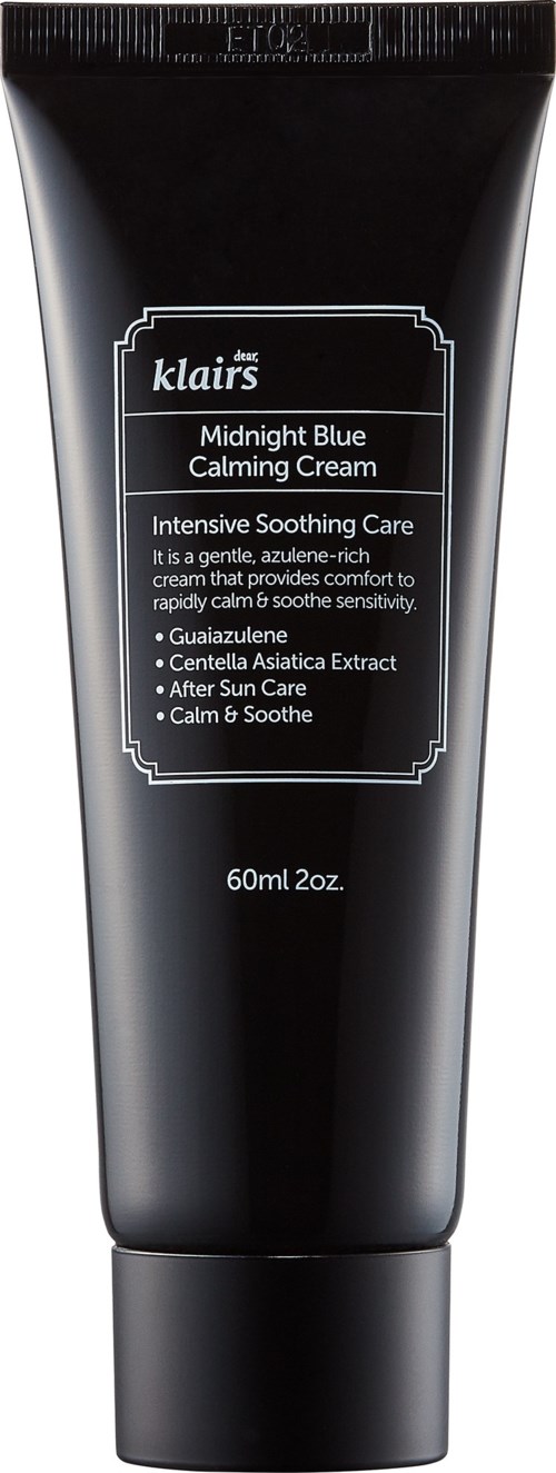 En svart tub märkt 'Klairs Midnight Blue Calming Cream' som ger lugnande hudvård för känslig hud.
