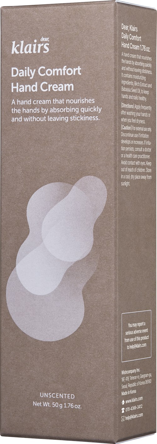 Een bruin doosje met witte abstracte vormen, gemarkeerd als Klairs Daily Comfort Hand Cream, geurvrij, 50g.