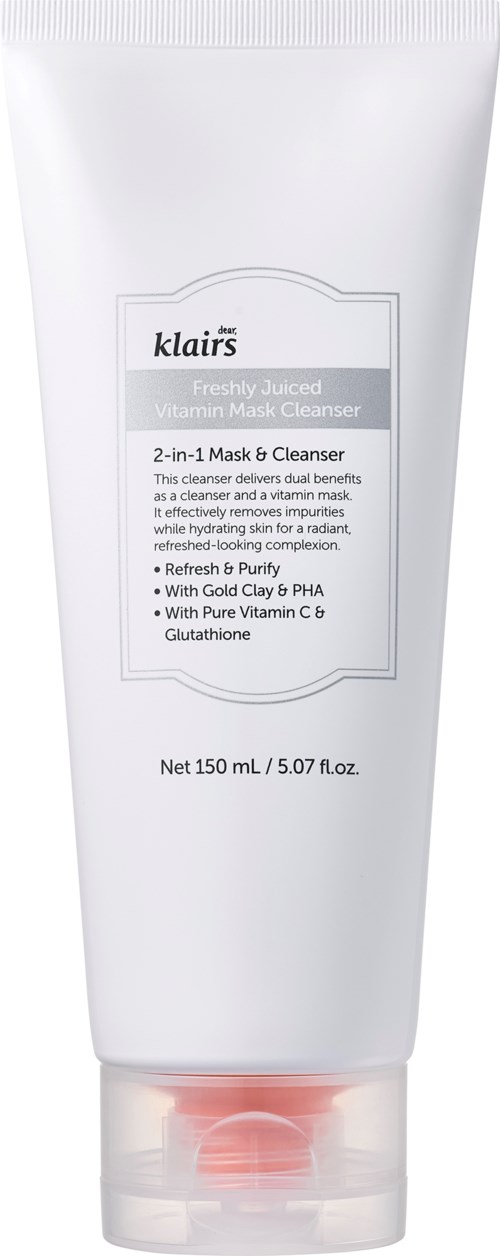 Een witte tube met een label voor een vitamine masker reiniger, bevat 150 ml, met gouden en rode accenten.