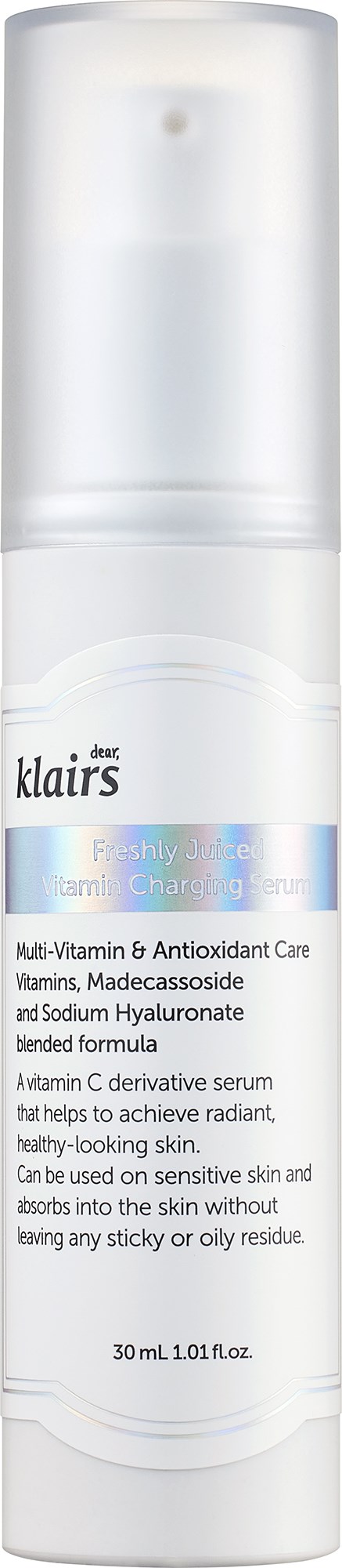 Een witte fles met pomp genaamd Clairste, met vitamine- en antioxidantenserum voor huidverzorging.