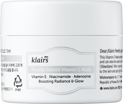 Een verpakking van Klairs Freshly Juiced Vitamin E Mask met productdetails en instructies.