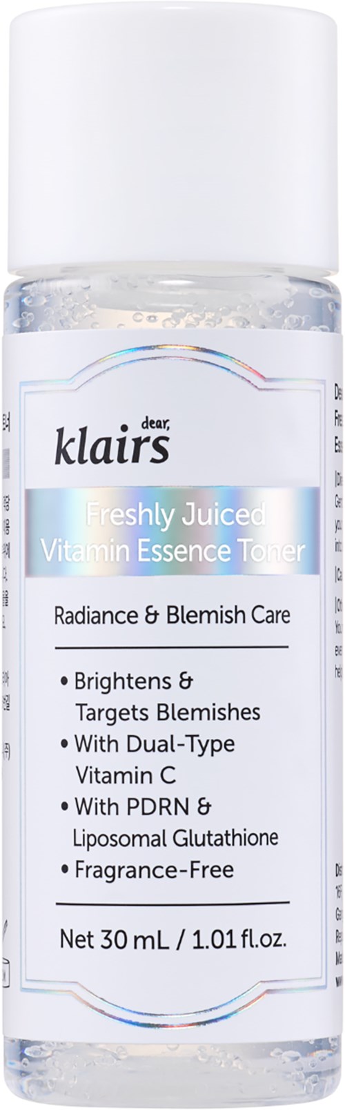 Een doorzichtige fles met een witte dop en een label dat een vitamine C-eïnsing toner voor het verhelderen van de huid vermeldt.