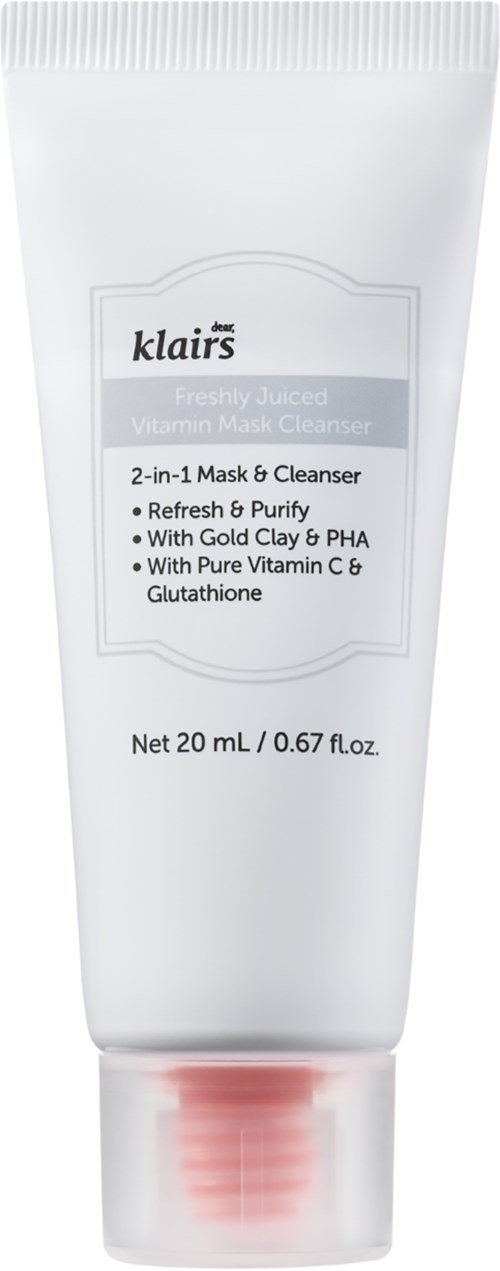 Witte tube met gezichtsmasker en reiniger met zwarte en grijze tekst, bevat 20 ml product.