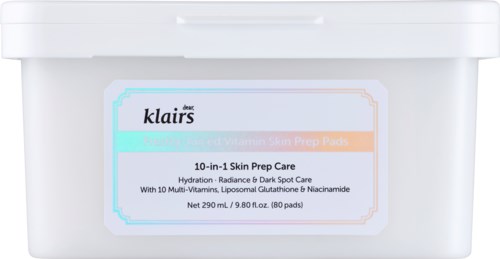 Container met huidverzorgingspads gemarkeerd als 10-in-1 Skin Prep met vitamines, voor hydratatie en huidverzorging, 290 ml.