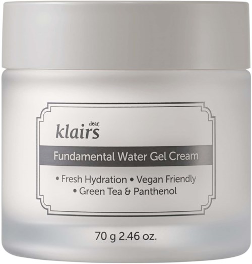Witte crèmepot met label 'Fundamental Water Gel Cream' en informatie over ingrediënten en gewicht.