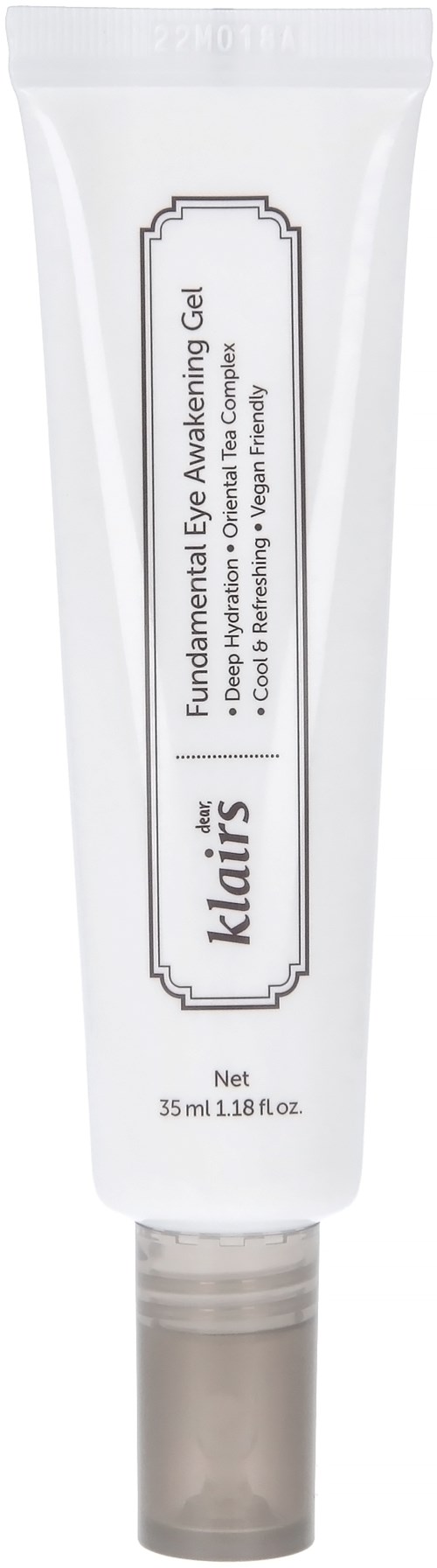 Een witte tube met grijze dop, gelabeld 'Klairs Fundamental Eye Awakening Gel' voor oogverzorging, 35ml.