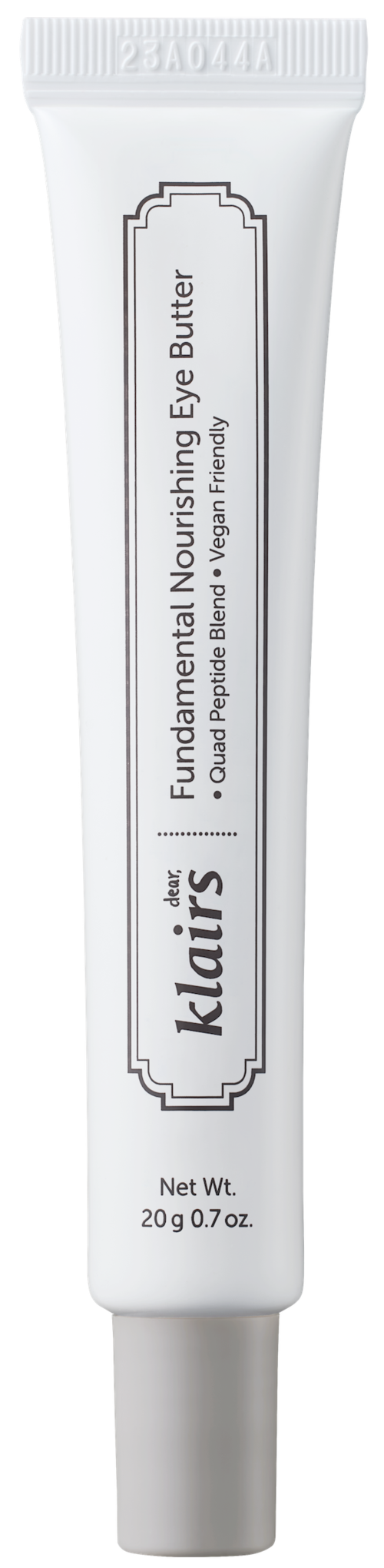 Een witte tube met het label Klaris Nourishing Eye Butter, 20g, met eenvoudige zwarte tekst en een grijze dop.